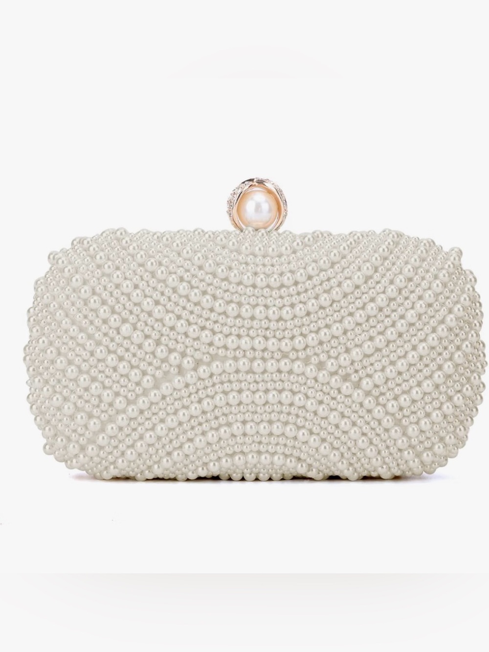 Pearl-Embellished White Evening Clutch with Pearl Knob